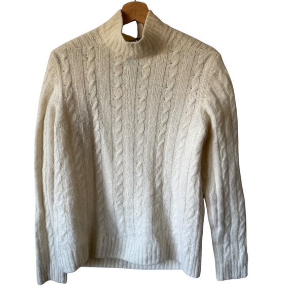 Ganni Cable Knit Keyhole Alpaca Blend Sweater Mock Neck Cut Out Zip Up Ivory - Picture 2 of 16